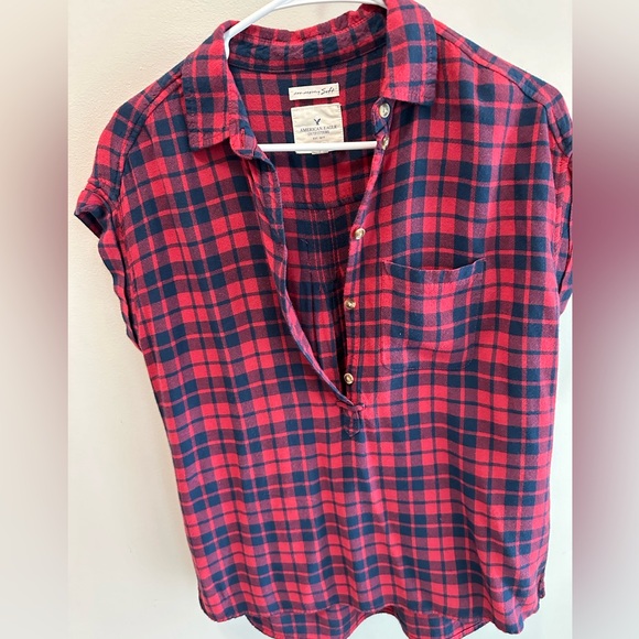 American Eagle Sleeveless Red/Blue Plaid Flannel Pop Over Top Western oversized - Picture 4 of 8